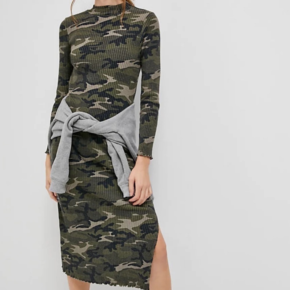 Anthropologie T.LA Green Camouflage Ribbed Delilah Midi Dress, Medium